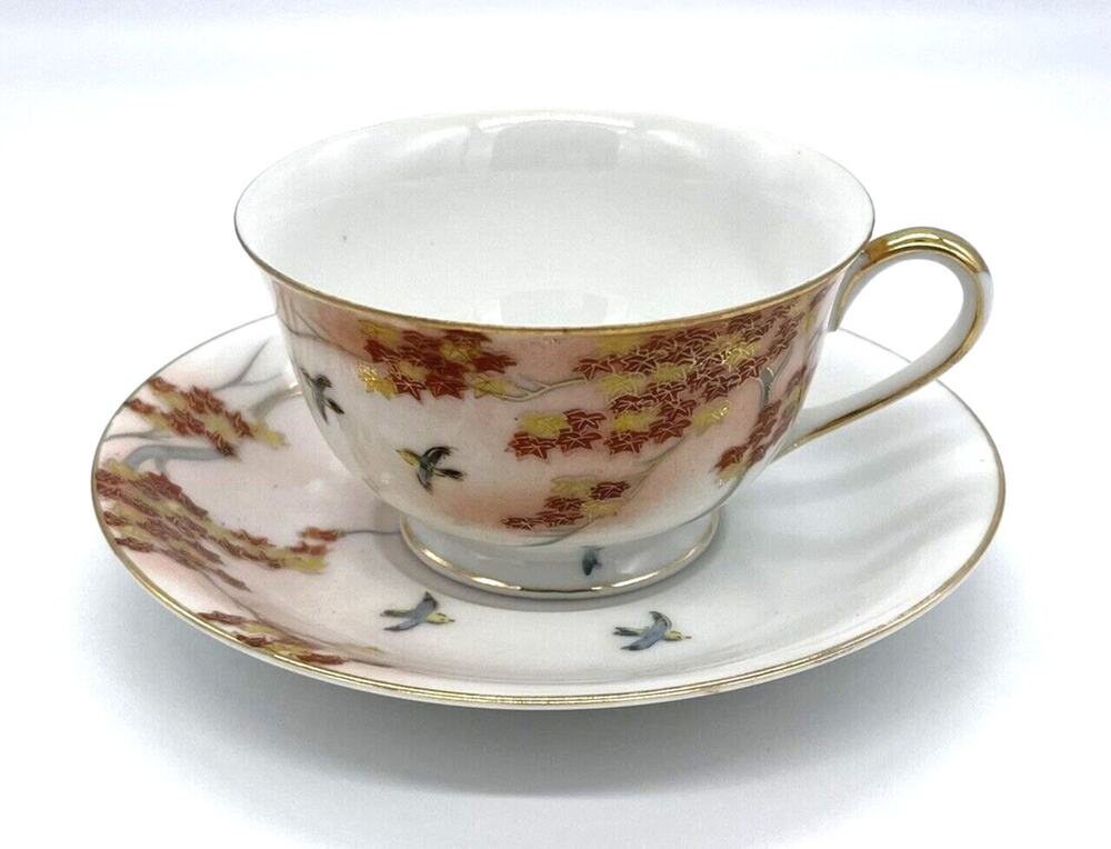 Kutani China Hand Painted Tea Cup & Saucer Made in Japan Cup 2.25" Tall